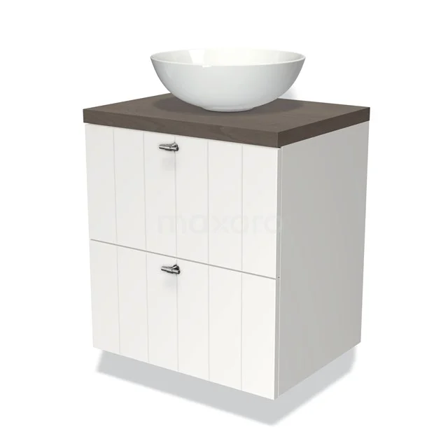 Weißes Badezimmermöbel mit Holzlook Platte, keramischem Aufsatzwaschbecken und zwei Schubladen, ideal für eine stilvolle Badezimmergestaltung.