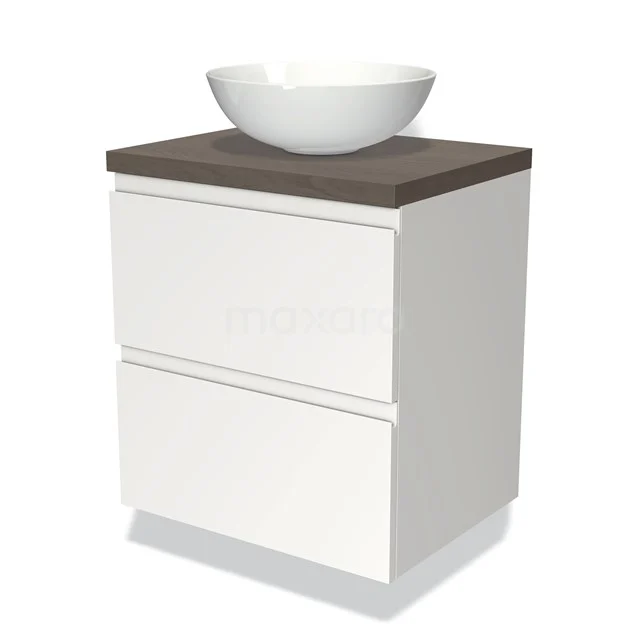 Weißes Badezimmermöbel mit Holzplatte und rundem Aufsatzwaschbecken, modernes Design, ideal für stilvolle Bäder.