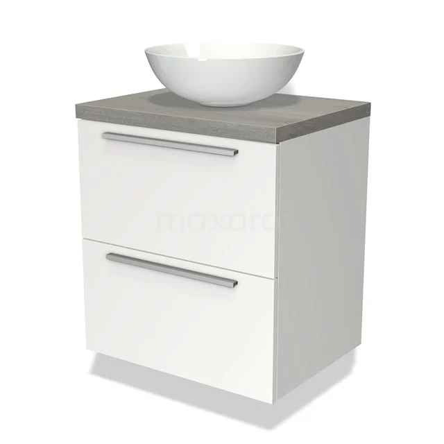 Weißes Badezimmermöbel mit grauer Oberseite, zwei Schubladen und rundem Waschbecken; schlankes und modernes Design für dein Badezimmer.