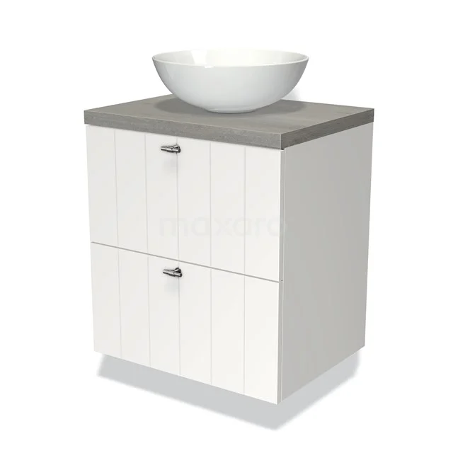 Weißes Badezimmermöbel mit grauer Oberseite, porzellan Aufsatzwaschbecken, zwei Schubladen und vertikalen Paneellinien für einen stilvollen Auftritt.