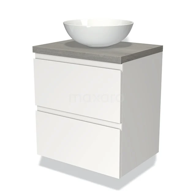 Weißes Badezimmermöbel mit grauer Holzplatte und runder weißer Aufsatzwaschbecken, modernes Design mit zwei Schubladen.