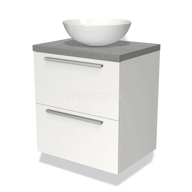 Wit badkamermeubel met grijs blad en ronde wastafel, moderne uitstraling, perfect voor een stijlvolle badkamerinrichting.