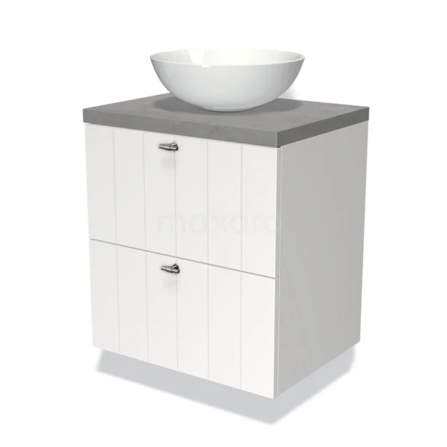 Weißes Badezimmermöbel mit grauer Oberseite und Waschbecken, zwei Schubladen und moderner Verarbeitung, ideal für kompakte Bäder.