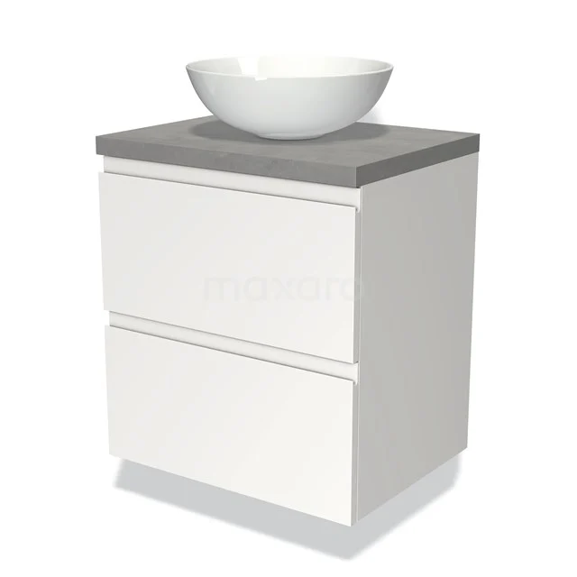 Weißes Holz-Badmöbel mit grauer Platte und runder keramischer Waschbecken, modernes Design mit zwei Schubladen.