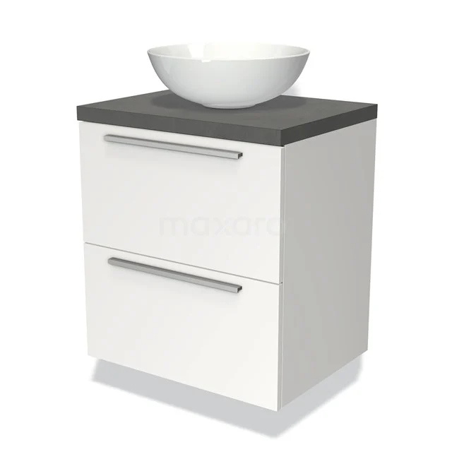 Weißes Badezimmermöbel mit 2 Schubladen, grauer Steinplatte und rundem Aufsatzwaschbecken, ideal für eine moderne Badezimmergestaltung.