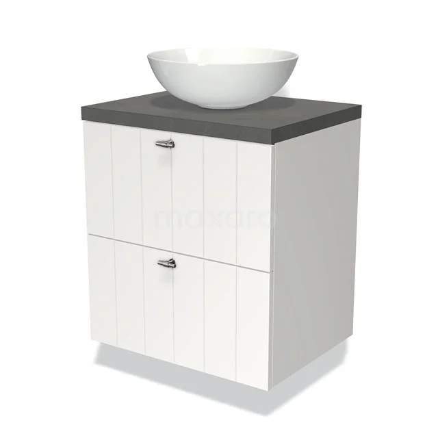 Weißes Badezimmermöbel mit grauer Platte und rundem Aufsatzwaschbecken, zwei Schubladen mit Holzmaserung für stilvolle und praktische Badezimmerlagerung.