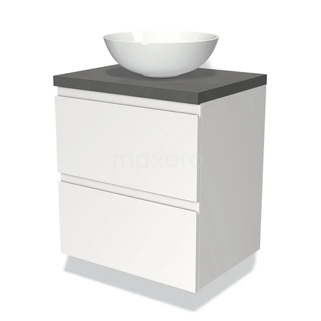 Weißes Badezimmermöbel mit grauer Platte und rundem Aufsatzwaschbecken, modernes Design, ideal für eine stilvolle und funktionale Badezimmergestaltung.