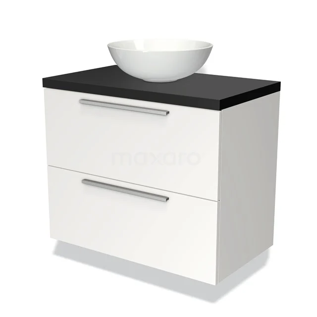 Waschtischunterschrank mit Konsole 80cm Modulo Plato Matt Weiß 2 Schubladen Flach Matt Schwarz Platte BMK17-00648 Weißes Badezimmermöbel mit schwarzer Platte und eingebautem keramischen Waschbecken, 2 Schubladen und modernen silbernen Haltegriffen.