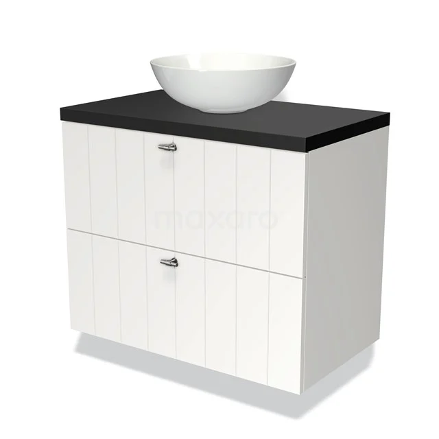 Weißes Badezimmermöbel mit schwarzem Waschbecken und rundem Aufsatzwaschbecken, modernes Design, zwei Schubladen, ideal für stilvolle Badezimmerrenovierungen.