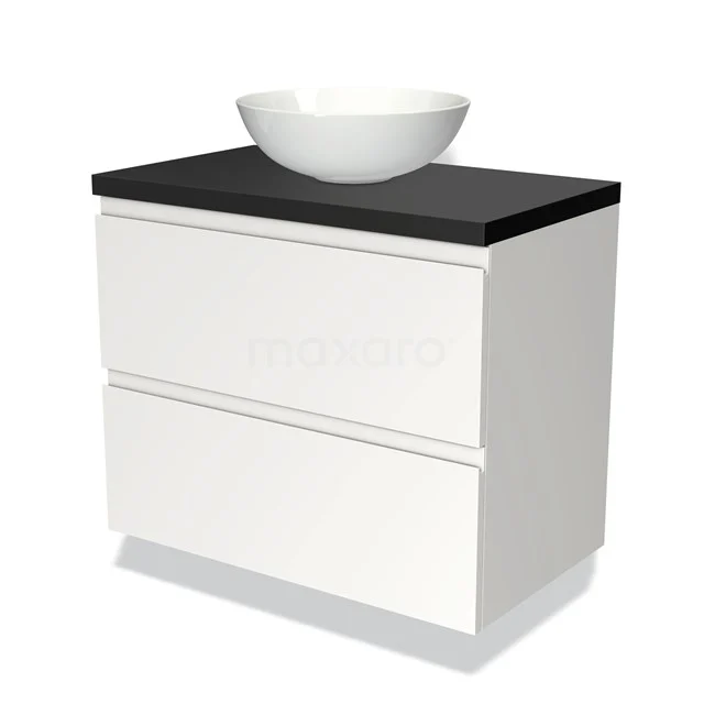 Weißes Badmöbel mit schwarzer Waschtischplatte und rundem Aufsatzwaschbecken; modernes Design und klare Verarbeitung.