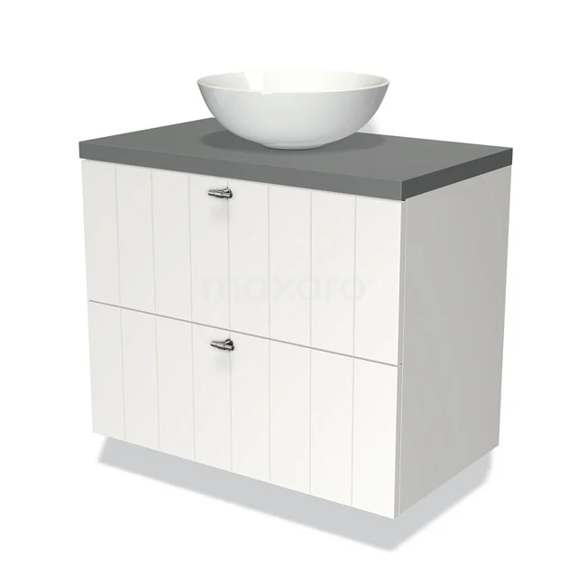 Modulo Plato Badmöbel mit Aufsatzwaschbecken | 80 cm Matt Weiß Lamelle front Mittelgrau blatt 2 übereinanderliegende Schubladen BMK17-00652 Weißes Badezimmermöbel mit grauer Platte und integrierter weißer schalenförmiger Waschbecken, aus Holz mit subtilen Paneeltüren.