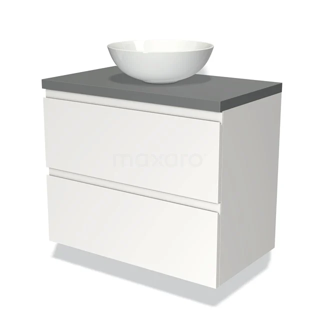 Weißes hängendes Badmöbel mit zwei Schubladen, grauer Steinplatte und rundem weißen Aufsatzwaschbecken; modernes Design, ideal für kleine Bäder.