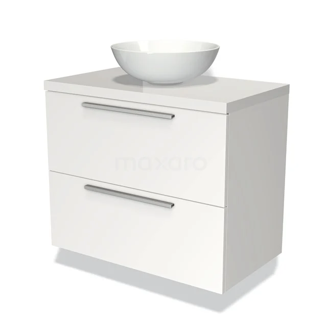 Wit badkamermeubel met twee lades, metalen handgrepen en een ronde opzetwastafel, strak en modern design.