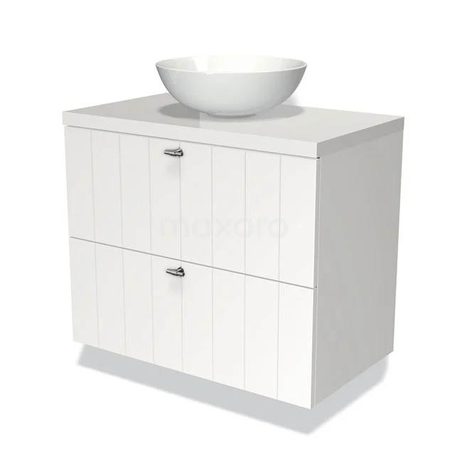 Badmöbel für Waschtischunterschrank mit Konsole 80cm Modulo Plato Matt Weiß 2 Schubladen Lamellen Hochglanz Weiß Platte BMK17-00655 Weißes Badmöbel mit Waschbecken, Streifenmuster, zwei Soft-Close Schubladen und keramischer Schüssel in modernem Design.