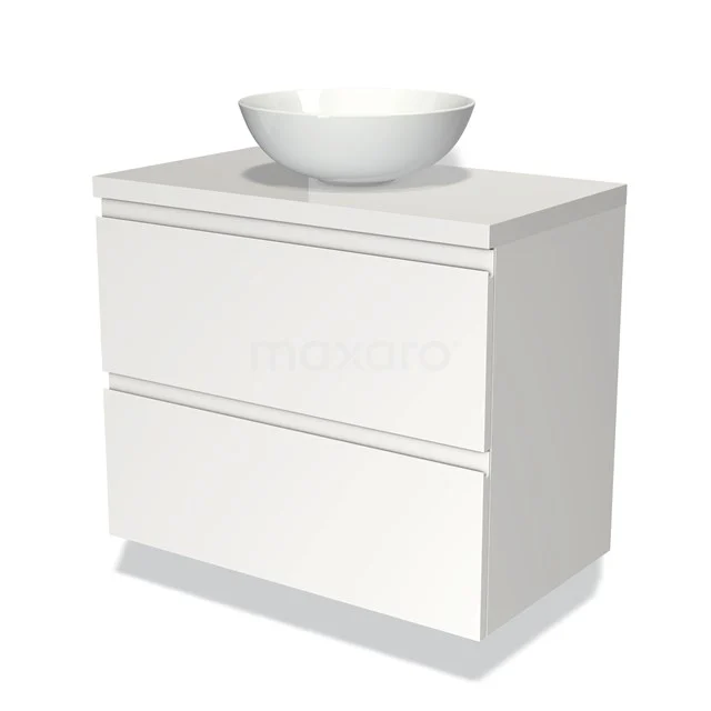 Witte badkamermeubel met keramische waskom, ontworpen met twee softclose lades voor een elegante en praktische badkameroplossing.