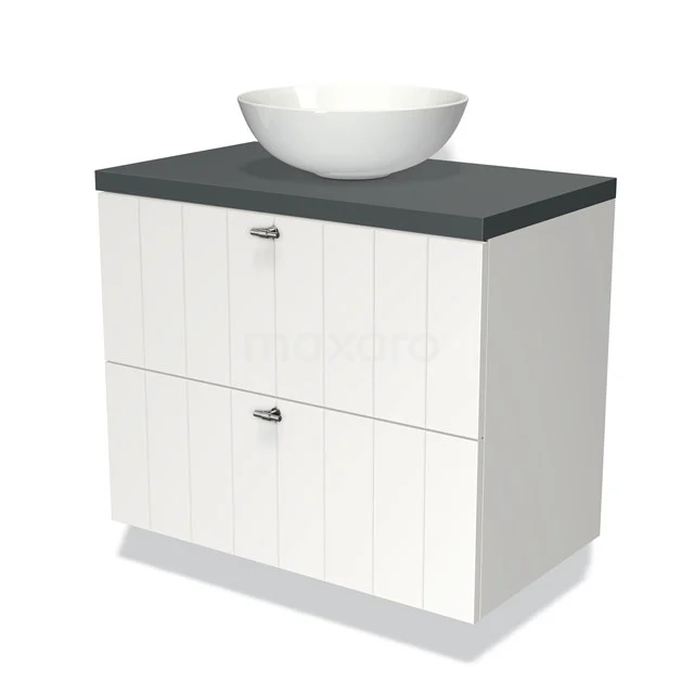 Weißes Badezimmermöbel mit zwei Schubladen, Dunkelgrau Platte und runder Aufsatz Waschbecken, ideal für einen modernen Badezimmerstil.