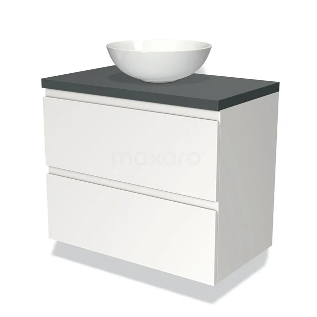 Witte badkamermeubelset met grijs blad en ronde wastafel, modern design en strak afgewerkt, ideaal voor luxe badkamers.