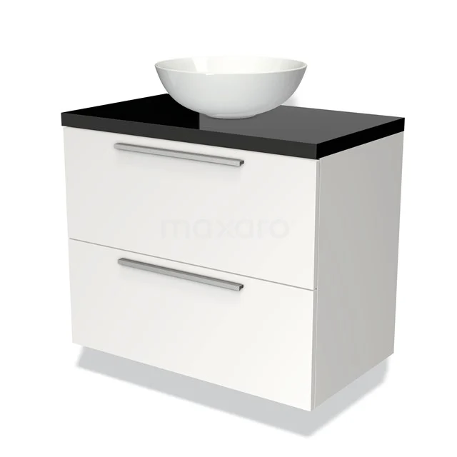 Badmöbelunterschrank mit Konsole 80cm Modulo Plato Matt Weiß 2 Schubladen Flach Hochglanz Schwarz Platte BMK17-00660 Weißes Badezimmermöbel mit zwei Schubladen, schwarzer Oberplatte und rundem weißen Aufsatzwaschbecken, ideal für moderne Bäder.