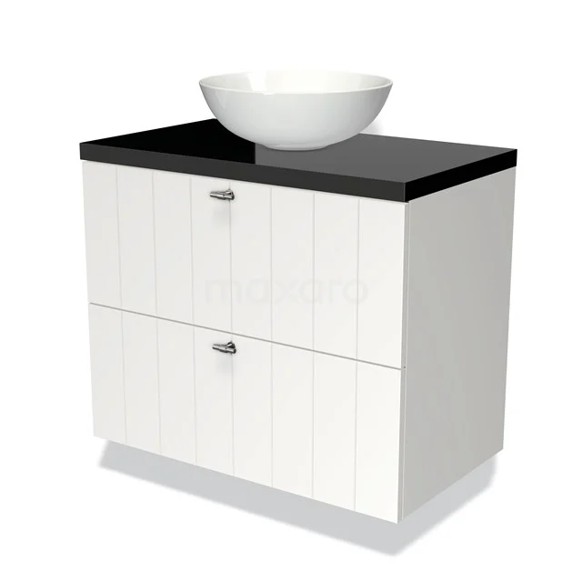 Waschtischunterschrank mit Konsole 80cm Modulo Plato Matt Weiß 2 Schubladen Lamellen Hochglanz Schwarz Platte BMK17-00661 Weißes Badezimmermöbel mit schwarzer Platte, keramischer schalenförmiger Waschbecken, moderne Ausstrahlung und zwei Schubladen für zusätzlichen Stauraum.