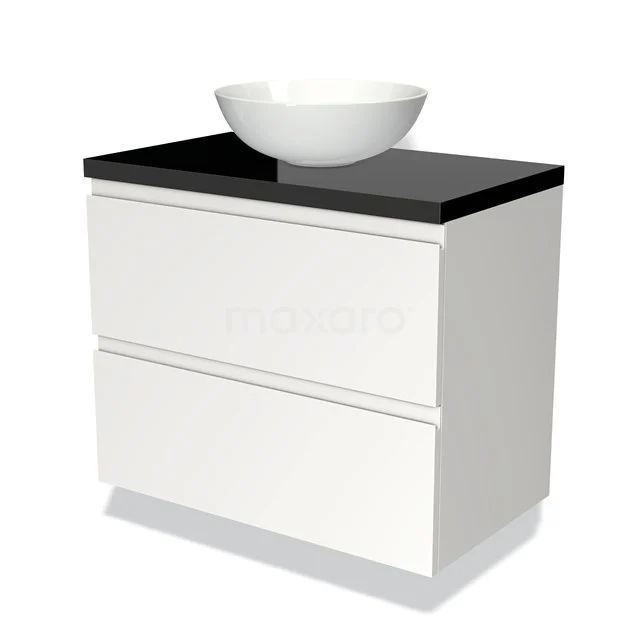 Modulo Plato Badmöbel mit Aufsatzwaschbecken | 80 cm Matt Weiß Grifflos front Hochglanz Schwarz blatt 2 übereinanderliegende Schubladen BMK17-00662 Weißes Badezimmermöbel mit schwarzer Oberseite und einem runden Aufsatzwaschbecken, modernes Design mit zwei Schubladen, ideal für Badezimmerlagerung.