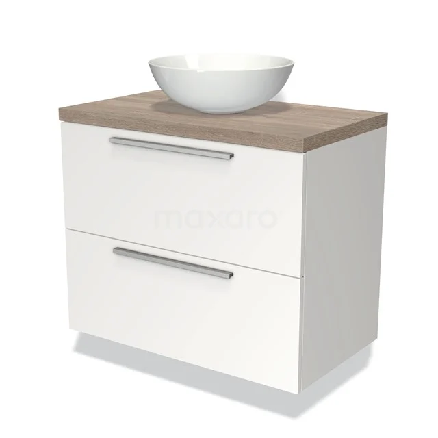 Witte badkamerkast met houtlook blad, twee lades en keramische waskom; stijlvol en functioneel design voor moderne badkamers.