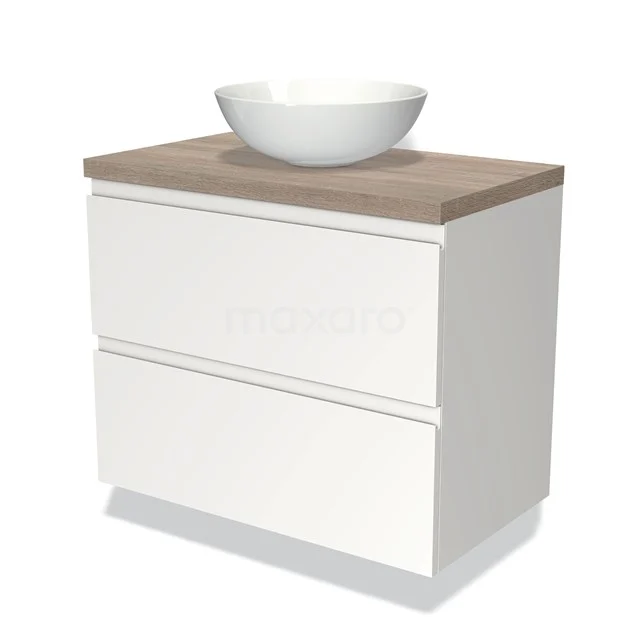 Weißes Badezimmermöbel mit Holzplatte, keramisches rundes Aufsatzwaschbecken, Soft-Close-Schubladen; modernes Design für stilvolle Bäder.