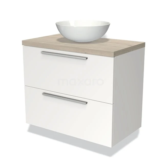 Weißes Badezimmermöbel mit zwei Schubladen, holzfarbener Platte und rundem Waschbecken; modernes Design für stilvolle Badezimmergestaltung.