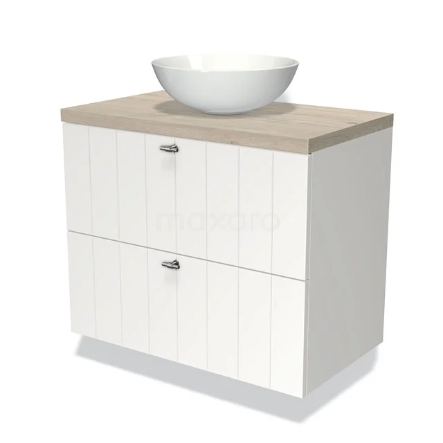 Weißes Badezimmermöbel mit Holzlook Platte, rundes Waschbecken und zwei Schubladen, ideal für eine moderne und praktische Badezimmergestaltung.