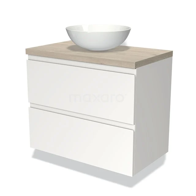 Weiße Badmöbel mit Holzplatte und rundem Aufsatzwaschbecken; modernes Design, ideal für stilvolle Badezimmergestaltung.