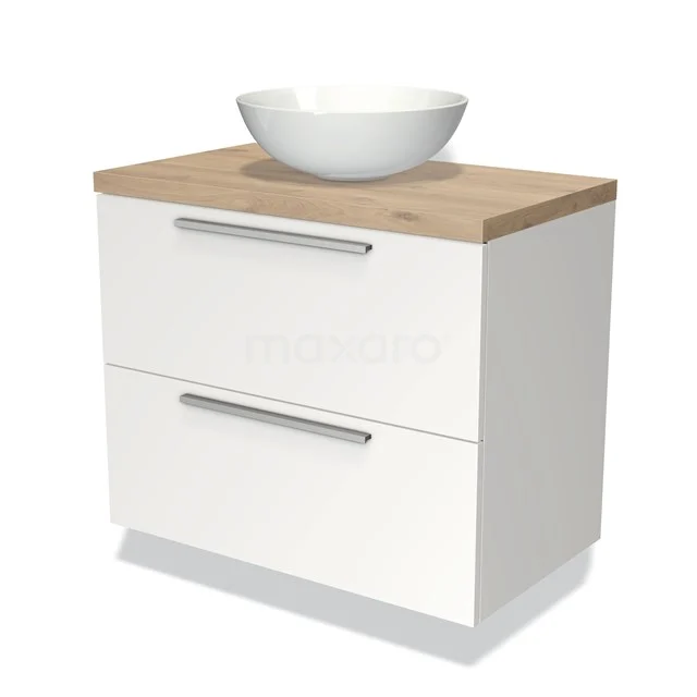 Weißes Badezimmermöbel mit Holzplatte, keramischem Aufsatzwaschbecken und zwei Schubladen, modernes Design, ideal für stilvolle Bäder.