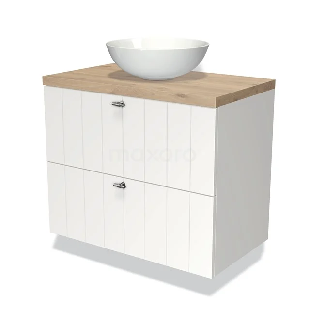 Weißes Badezimmermöbel mit Holzlook Platte und Aufsatz Waschbecken, zwei Schubladen mit vertikalen Rillen, ideal für moderne Bäder.