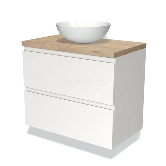 Weißes Badmöbel mit zwei Schubladen, Holzlook Platte und runder, komförmiger Waschbecken; stilvolles Badezimmermöbel modernes Design.