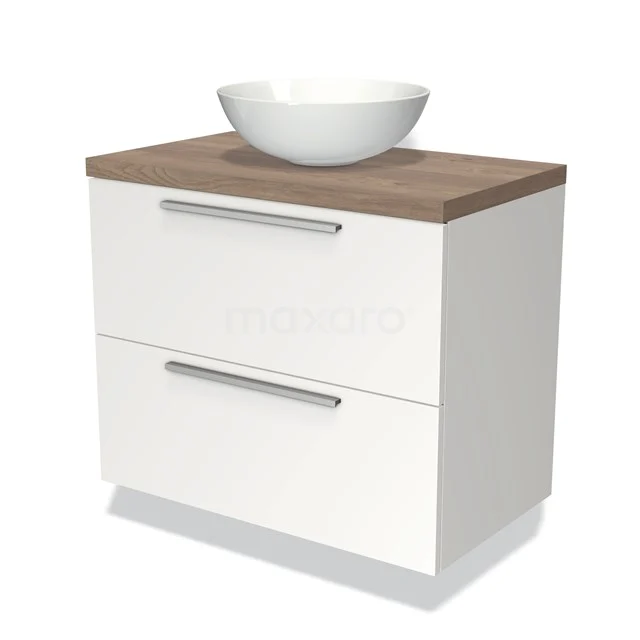 Weißes Badezimmermöbel mit Holzlook Platte, runder keramischer Aufsatzwaschbecken und zwei geräumigen Schubladen, ideal für moderne Bäder.