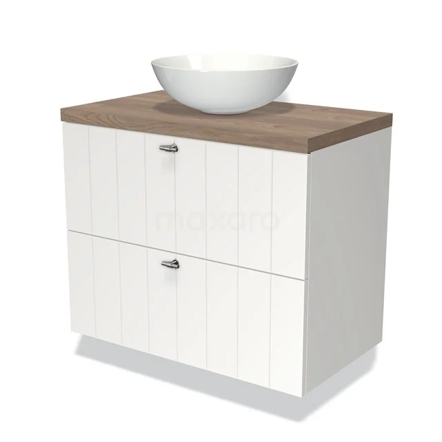 Weißes Holz-Badmöbel mit zwei Schubladen, einem runden weißen Aufsatzwaschbecken und einer Naturholz-Platte für einen modernen Badezimmerstil.