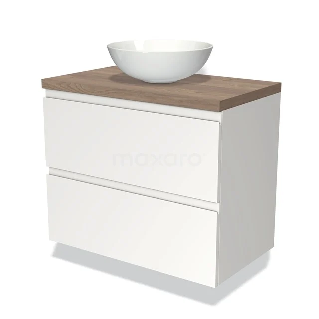 Weißes Badezimmermöbel mit holzfarbener Platte und integrierter schalenförmiger Waschbecken, modernes Design aus der Premium-Serie.