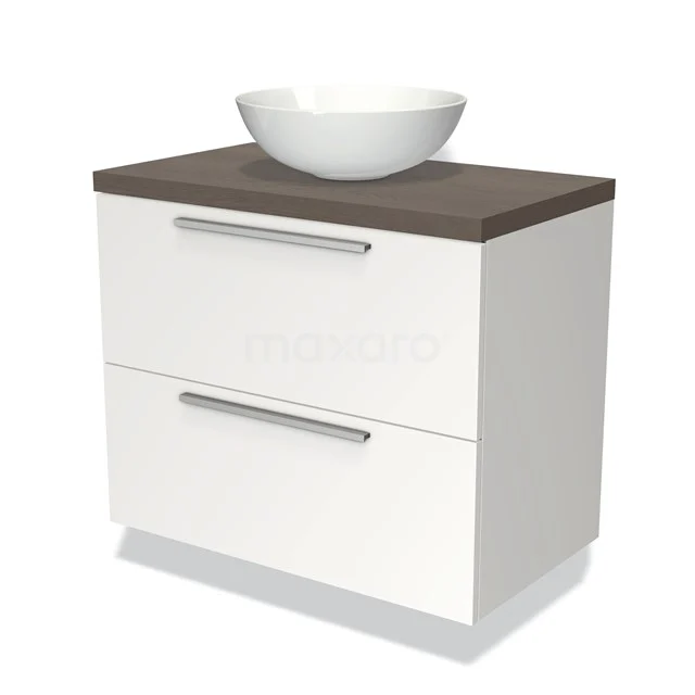 Weißes Badezimmermöbel mit Holzlook Platte und rundem Aufsatzwaschbecken, zwei Schubladen mit silberfarbenen Griffen, modernes Design.