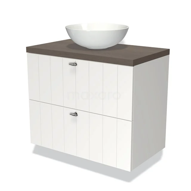 Weißes Badezimmermöbel mit Holzlook Platte, zwei Schubladen und Aufsatz Waschbecken; modernes Design, ideal für stilvolle Bäder.