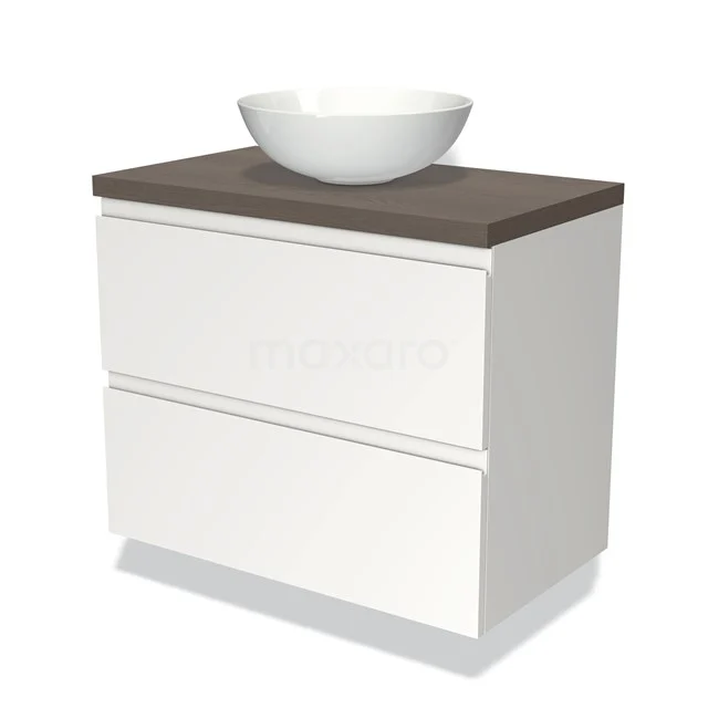 Waschtischunterschrank mit Konsole 80cm Modulo Plato Matt Weiß 2 Schubladen Grifflose dunkelbraune Eiche Platte BMK17-00677 Weißes Badezimmermöbel mit Holzlook Platte, keramischem Aufsatzwaschbecken und zwei Schubladen, ideal für moderne Badezimmergestaltung.