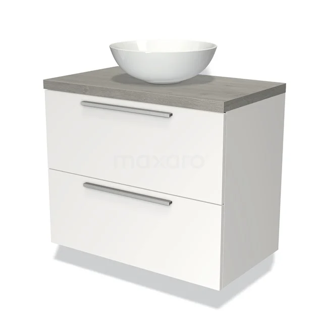 Weißes Badezimmermöbel mit Aufsatzwaschbecken, Betonlook Platte, zwei Schubladen und Edelstahl Haltegriffe, ideal für ein modernes Badezimmer.