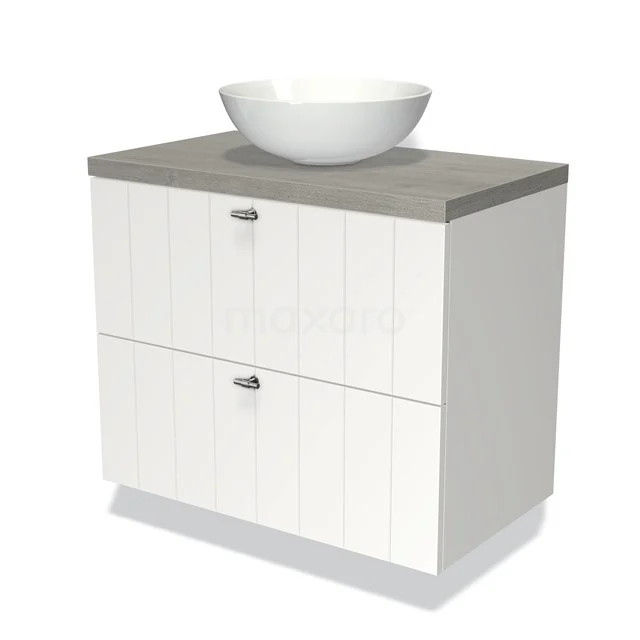 Weiße Badmöbel mit Waschbecken, Holzlook Platte, zwei Schubladen und straffem Design für ein stilvolles und praktisches Badezimmer.