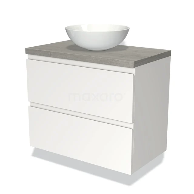 Weißes Badezimmermöbel mit zwei Schubladen, grauer Betontplatte und einem runden weißen Waschbecken, modernes und elegantes Design.