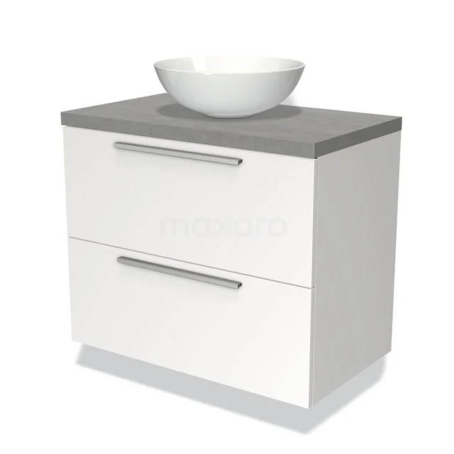 Weißes Badezimmermöbel mit grauer Platte, runder weißer Aufsatzwaschbecken und zwei Schubladen, modernes Design, ideal für kompakte Bäder.