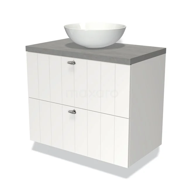 Weißes Badezimmermöbel mit modernem Aufsatzwaschbecken, grauer Platte und zwei Schubladen in Holzoptik; ideal für stilvolle Badezimmerlagerung.