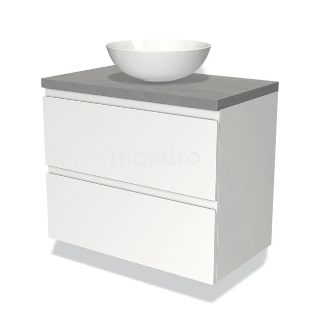 Weißes Badezimmermöbel mit grauer Holzplatte, modernes Design, zwei Schubladen und einem runden Aufsatzwaschbecken, perfekt für ein stilvolles Badezimmer.