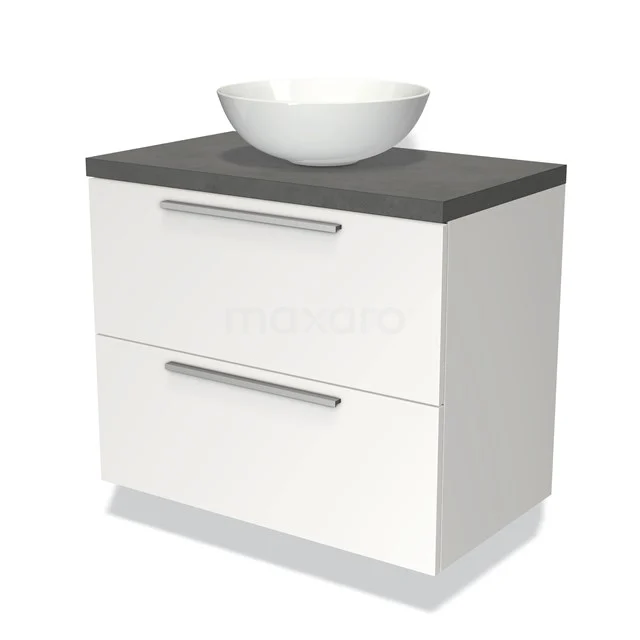 Weißes Badezimmermöbel mit keramischer Schüssel, graue Platte und zwei Schubladen, ideal für moderne Badezimmergestaltung.