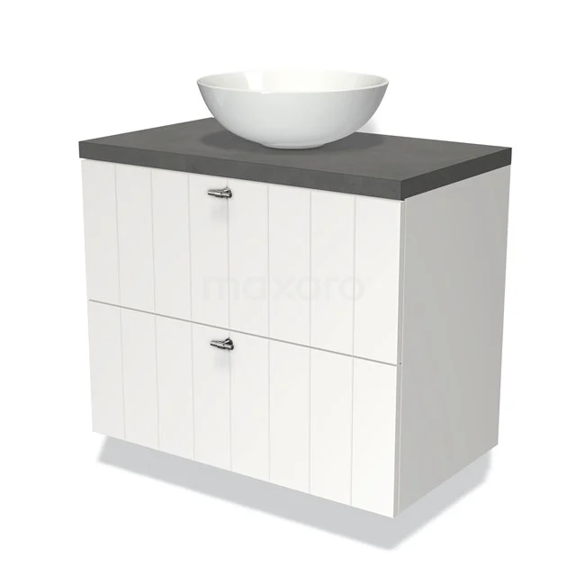 Weißes Badezimmermöbel mit grauer Platte und keramischem Aufsatzwaschbecken, moderne Ausstrahlung, ideal für eine stilvolle Badezimmer Einrichtung.