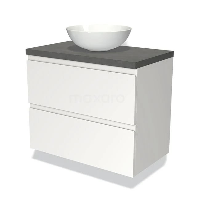 Weißes Badmöbel mit zwei Schubladen, graue Platte und rundes Waschbecken; modernes Design, ideal für stilvolle Badezimmergestaltung.