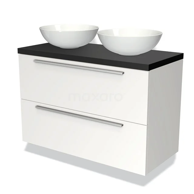 Badmöbelunterschrank mit Konsole 100cm Modulo Plato Matt Weiß 2 Schubladen Flach Matt Schwarz Platte BMK17-00687 Weiße Badmöbelset mit zwei keramischen Aufsatzwaschbecken, schwarzer Arbeitsplatte, modernen Schubladen und schlankem Design für ein stilvolles Badezimmer.