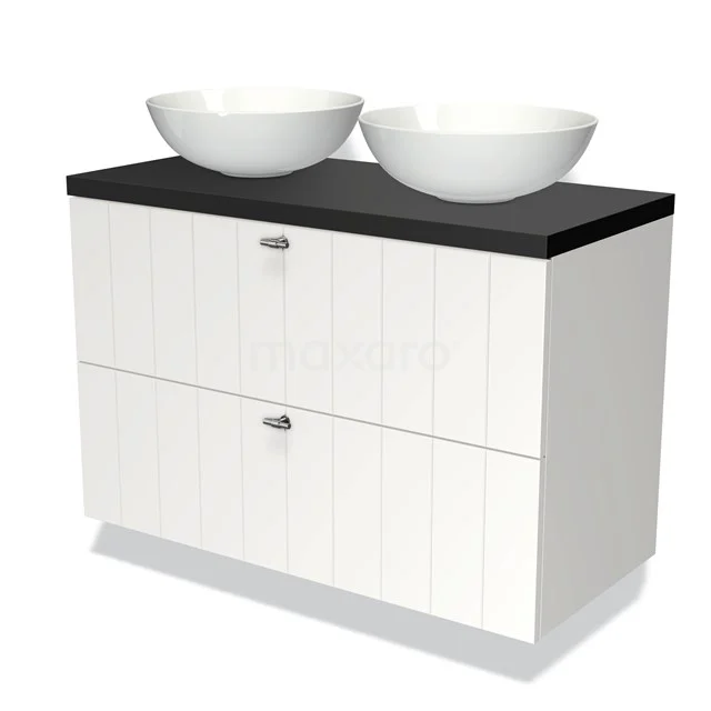 White bathroom unit with black top, two ceramic countertop wash basins and horizontal panels. Modern design for the bathroom.