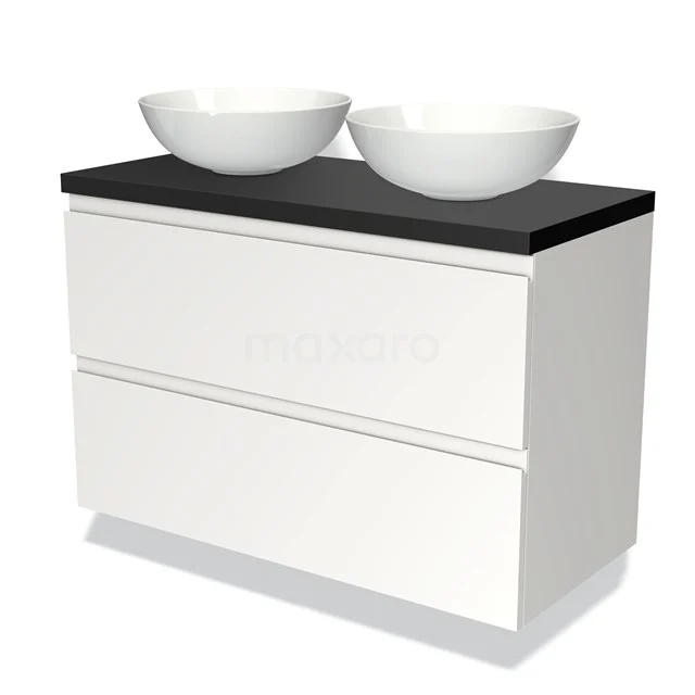 White floating bathroom unit with two round vanity units for countertop wash basins and black top, ideal for a modern bathroom style.